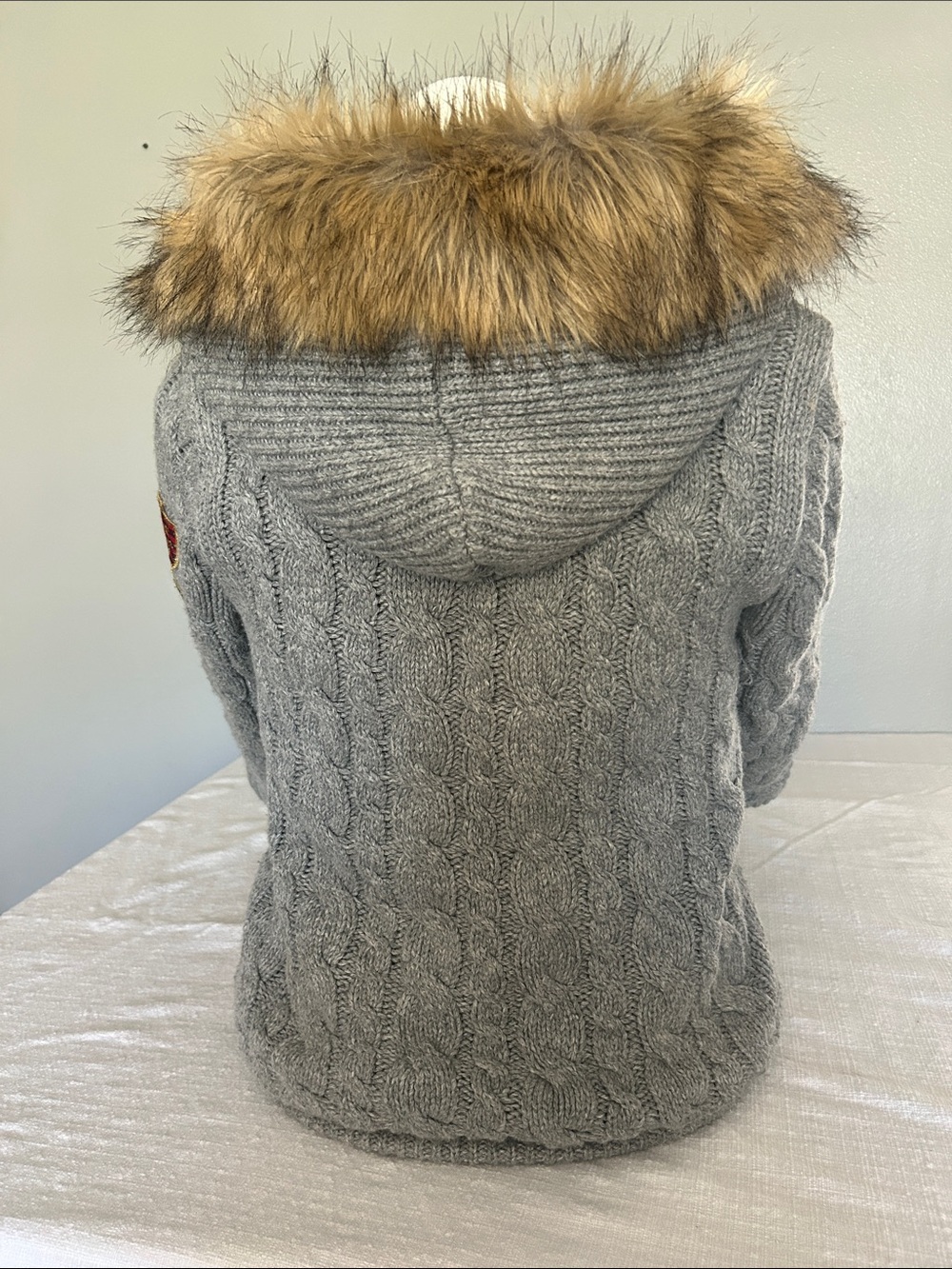Vtg VS PINK Angora Cable Knit Fur Hoodie Jacket Gray M / S McBling Y2K Grail - Picture 8 of 8